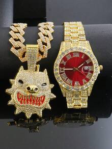 Bộ 1 món đồ trang sức phong cách Hiphop gồm mặt dây chuyền hình chó Bulldog, dây chuyền hình thoi kiểu , dây đeo đồng hồ màu đỏ dành cho nam, phụ kiện thời trang cá tính dành cho nam giới. - Đỏ - Xem 18