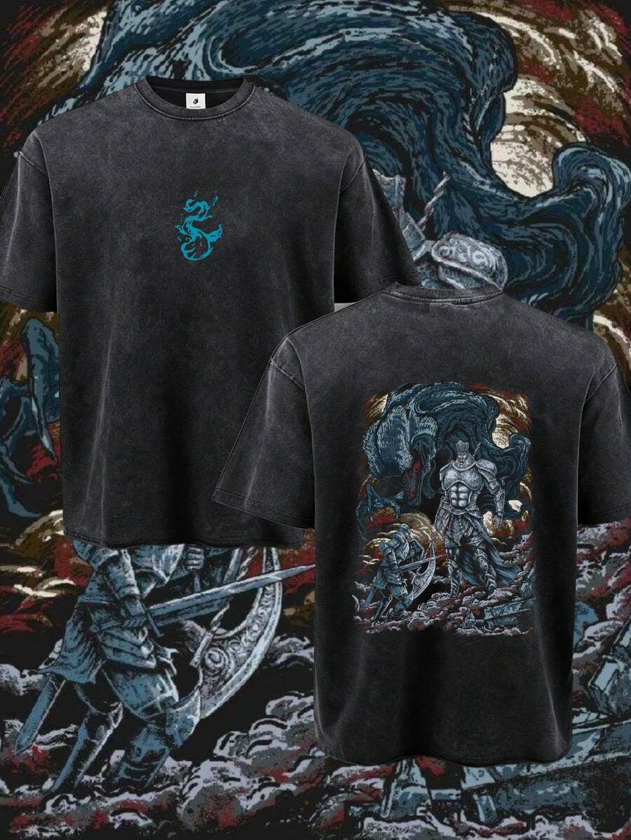 Camiseta unisex de moda con cuello redondo, estampada por ambos lados, de estilo casual y lavado, con diseño de dragón y guerrero en algodón. | Lavable a máquina | Cómodo en todas las estaciones | 100% algodón puro | Artículo promocional de alta calidad, estilo callejero retro japonés, corte holgado y de gran . - Negro - Ver 1