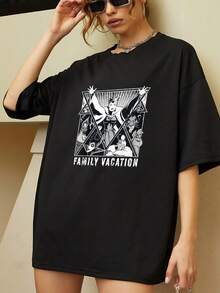 Gráfico que simboliza la unión de personajes poderosos en un viaje familiar representando energía magia y conexión espiritual camisetas de mujer  casual cómoda para uso diario - Negro - Ver 1