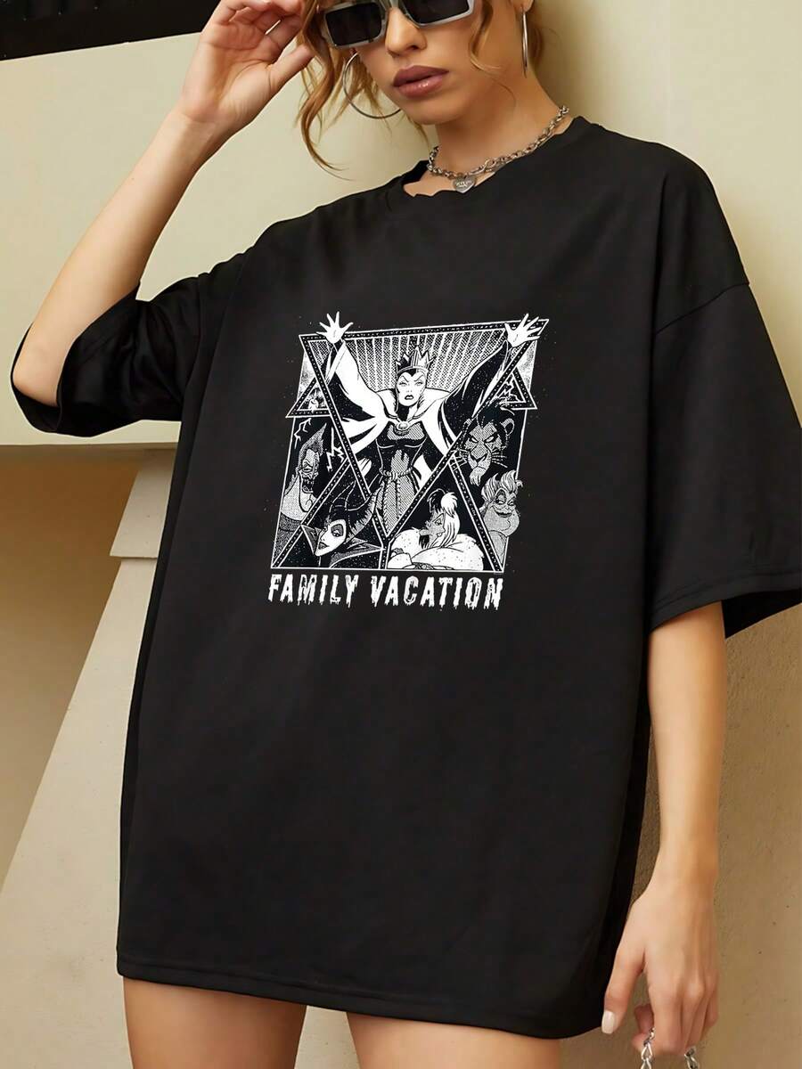 Gráfico que simboliza la unión de personajes poderosos en un viaje familiar representando energía magia y conexión espiritual camisetas de mujer casual cómoda para uso diario - Negro - Ver 1