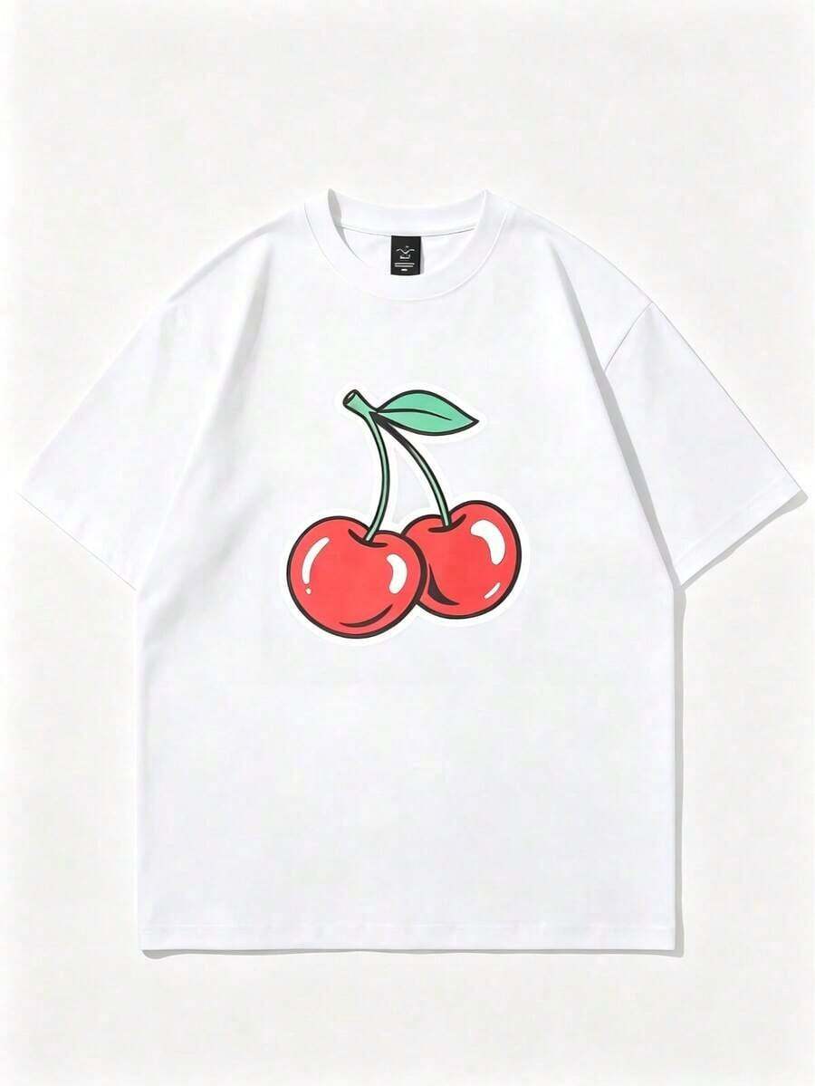 Vintage Loose-Fitting, Breathable Women's Cropped Top With A Solid Cherry Print, Heat Transfer Print, Y2K Style, Sexy Crop Top, Fitted Cut, Suitable For Casual Everyday Wear Or Party Looks, With A Youthful And Elegant Feminine Style, Short-Sleeved Printed Top, Versatile Basic Top For Everyday Wear. Fashion - 白色 - 查看 1