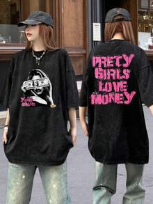Loose Black T-Shirt With Vintage Wash Effect, Unisex Printed Top,  Double-Sided Y2K Style Print, Large Portrait Pattern, Casual Cotton Short-Sleeved Round Neck T-Shirt For Summer, Vintage Style T-Shirt. - 黑色 - 查看 3