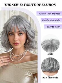 10 Inch Light Brown Wavy Bob Wig With Bangs, Natural Silky Texture Heat Resistant Synthetic Hair, Anti-Tangle Anti-Shedding Breathable Cap, Realistic Look Trending Viral Hairstyle For Daily Wear, Party, And Photoshoot Popular Women Hair Accessory - 淺灰色 - 查看 7