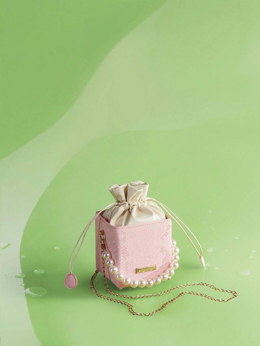 Trivaya Caja de acrílico con cordón estampada con efecto patrón de piel de cocodrilo, bolso de mano con cordón de cierre con perlas de moda - Rosa - Ver 1