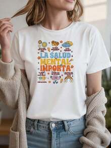 Camiseta Casual de Cuello Redondo para Mujer Solt, Manga Corta, Estampado Geométrico, Diseño de Concientización sobre Salud Mental, Uso Diario Cómodo, Tela Suave y Transpirable, Corte Regular, Diseño Moderno para Todas las Temporadas.gráfico - Blanco - Ver 6