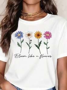 Camiseta de Mujer Azul, Blanca, Naranja, Rosa con Flores de Margarita y Hojas Verdes, Casual, Cuello Redondo, Manga Corta, Perfecta como Regalo de Cumpleaños, Adecuada para Usar en Todas las Temporadas, para el Uso Diario al Aire Libre. - Blanco - Ver 1