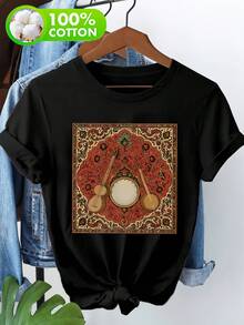 Una camiseta de manga corta para mujer, moderna, a la moda, retro, holgada, suave y cómoda, adecuada para actividades al aire libre en primavera y verano, con un estampado de temática natural, camiseta de manga corta para mujer, camiseta de manga corta con estampado de instrumentos musicales persas.blusas para mujer,blusas casuales para dama,tops,, mujer premium,y2k,playeras de mujer curvy,ofertas y liquidaciones ropa mujer,playeras deportivas para mujer,,playeras de hombre, mujer,blusas>elegante VXEU - Negro - Ver 1