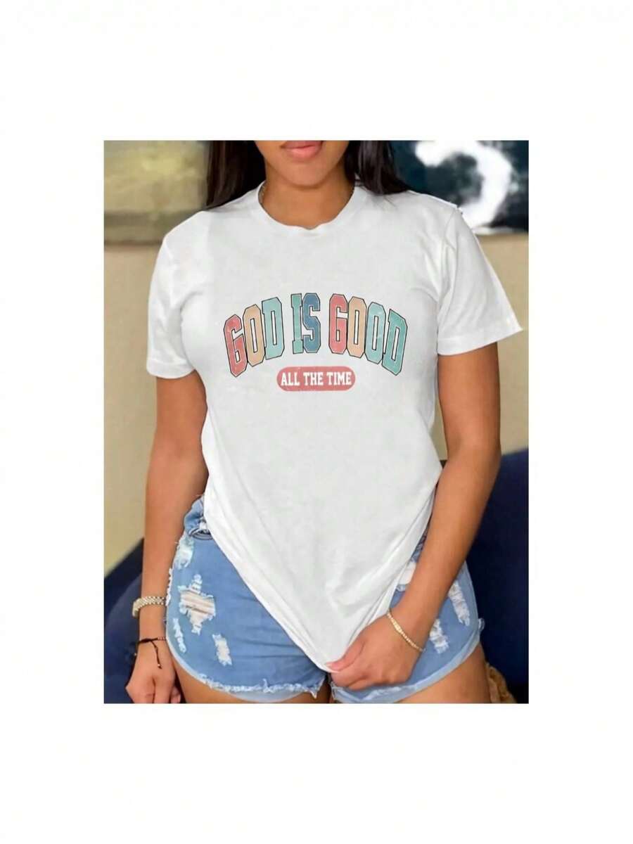 YOCASA Camiseta Casual de Verano para Mujer, con Cuello Redondo, Ajustada y Manga Corta, con Estampado de Pintura al Óleo, Floral, Corazón, Cereza y Patrones de Letras. Tejido Casual Simple, Estilo Deportivo, Ideal para Uso Diario y Citas de San Valentín. 1 pieza, 180G Pure Heavy, 95% Poliéster 5% Spandex. - Blanco - Ver 1