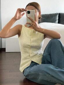 Camisa ajustada sin mangas de mujer con estampado de lunares - Amarillo - Ver 3