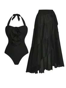 Swim Oasis Conjunto de traje de baño de una pieza con estampado floral 3D para vacaciones de verano - Negro - Ver 10
