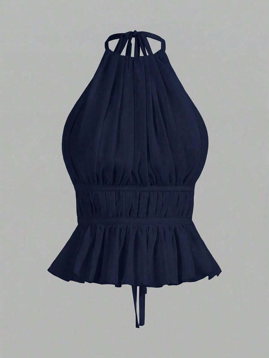 Top de tirantes sin espalda con cuello de halter y cintura anudada plisada para mujer - Azul marino - Ver 1