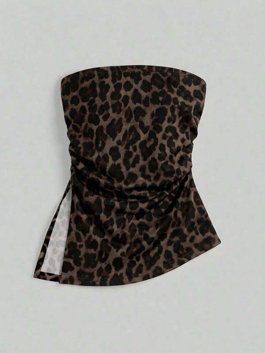 Top bandeau ajustado minimalista casual de mujer, bajo asimétrico, estampado de lunares, conjunto de verano - Multicolor 3 - Ver 1
