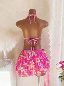 Bellisia Conjunto de traje de baño de 3 piezas con top de bikini estilo halter con estampado floral acuarela, tanga con lazos y falda pareo, para vacaciones de verano - Multicolor 5 - Ver 2