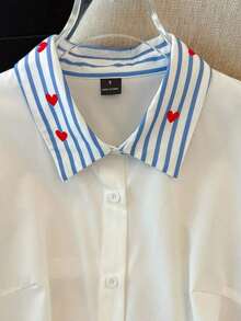 Camisa de efecto de mezclilla de parchwork casual para mujer, otoño/invierno - Blanco 2 - Ver 6