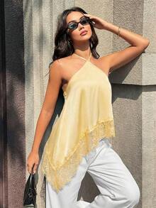 Camiseta de tirantes finos y sin mangas casual y sexy para mujer, camisola de satén con bajo asimétrico de malla, adecuada para citas nocturnas, vacaciones, despedidas de soltero y fiestas de cumpleaños en verano - amarillo ganso - Ver 3