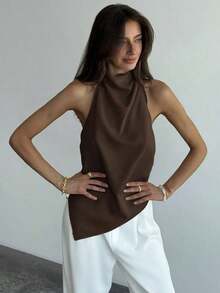 Blusa de cuello halter con bajo asimétrico de unicolor, top de verano para mujer, top de vacaciones de verano - Café integral - Ver 5