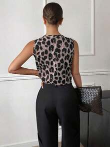Camisa casual sin mangas con nudo delantero y estampado de leopardo para mujer - Rosa - Ver 2