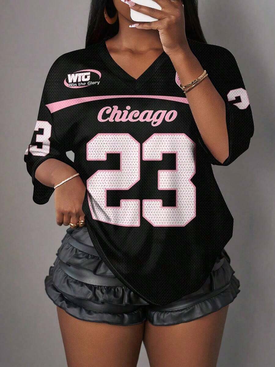 Camiseta de mujer con gráfico de letras y números, de estilo minimalista y casual, adecuada para el verano - Multicolor 4 - Ver 1