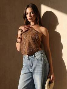 Glamour Nuevo top de verano bohemio de mujer para vacaciones, con escote halter sin espalda y tela con cuentas especiales en la espalda.Vestido de vuelta al colegio, vestidos de mujer para salir, tops de mujer estilo Y2K lindos - Marrón - Ver 8