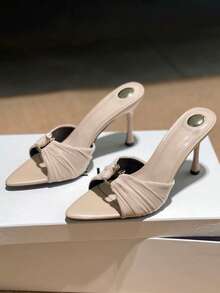 Pointed Toe Ruffle Metal Buckle Stiletto Heel Sexy Sandals For Women, Summer New Arrival - Apricot - View 2