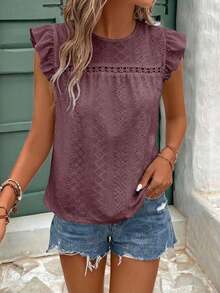 Frenchy Camiseta con cuello redondo y adorno de encaje con volantes y bordado de ojal - Lila Púrpura - Ver 5