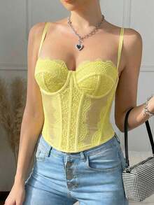 1 pieza Parte superior corta ajustada con adorno de encaje de moda para mujer, camiseta interior ajustada sexy tipo corsé, adecuada para fiesta, viaje, reunión, Navidad, San Valentín, vacaciones de verano casual - Amarillo - Ver 2
