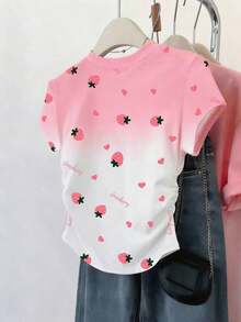 Camiseta ajustada de manga con volantes en degradado con estampado de corazón de fresa y letras, para uso casual, vacaciones y viajes, verano - Rosa - Ver 2