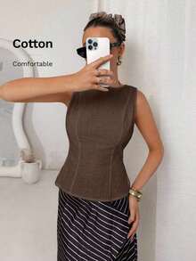 Camisa blanca sin mangas de algodón y lino, ajustada, con botones de nudo de bambú, estilo vintage para oficina - Café integral - Ver 8
