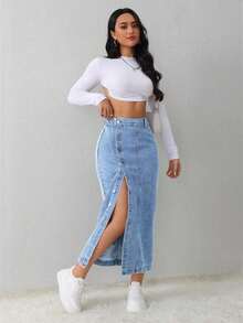 Tall Falda vaquera de mujer, casual, suelta, con abertura lateral, falda midi azul, falda larga para mujeres, falda azul claro, falda azul, ropa de invierno para mujer - Lavado ligero 3 - Ver 3