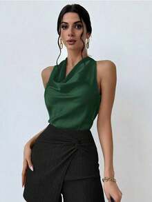 1 pieza Blusa de mujer con cuello de lazo en color albaricoque, minimalista y elegante, top sin mangas - Verde Oscuro - Ver 6