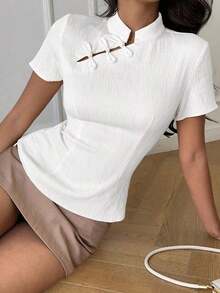 Blusa de cuello Mao de manga corta con cintura ceñida, estilo chino nuevo en color albaricoque, nuevo diseño de primavera/verano para mujer - Blanco 2 - Ver 4