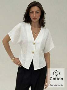 casuales elegantes de color blanco sólido con mangas de murciélago para mujeres, románticas para salir en verano - Blanco - Ver 7