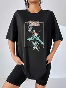 Animated Illustration Of Brave, Adventurous Mice Cooperating On A Mission With Green Leaves And Ropes, Conveying Courage And Friendship. Comfortable Casual Women's T-Shirt For Everyday Wear. - 黑色 - 查看 1