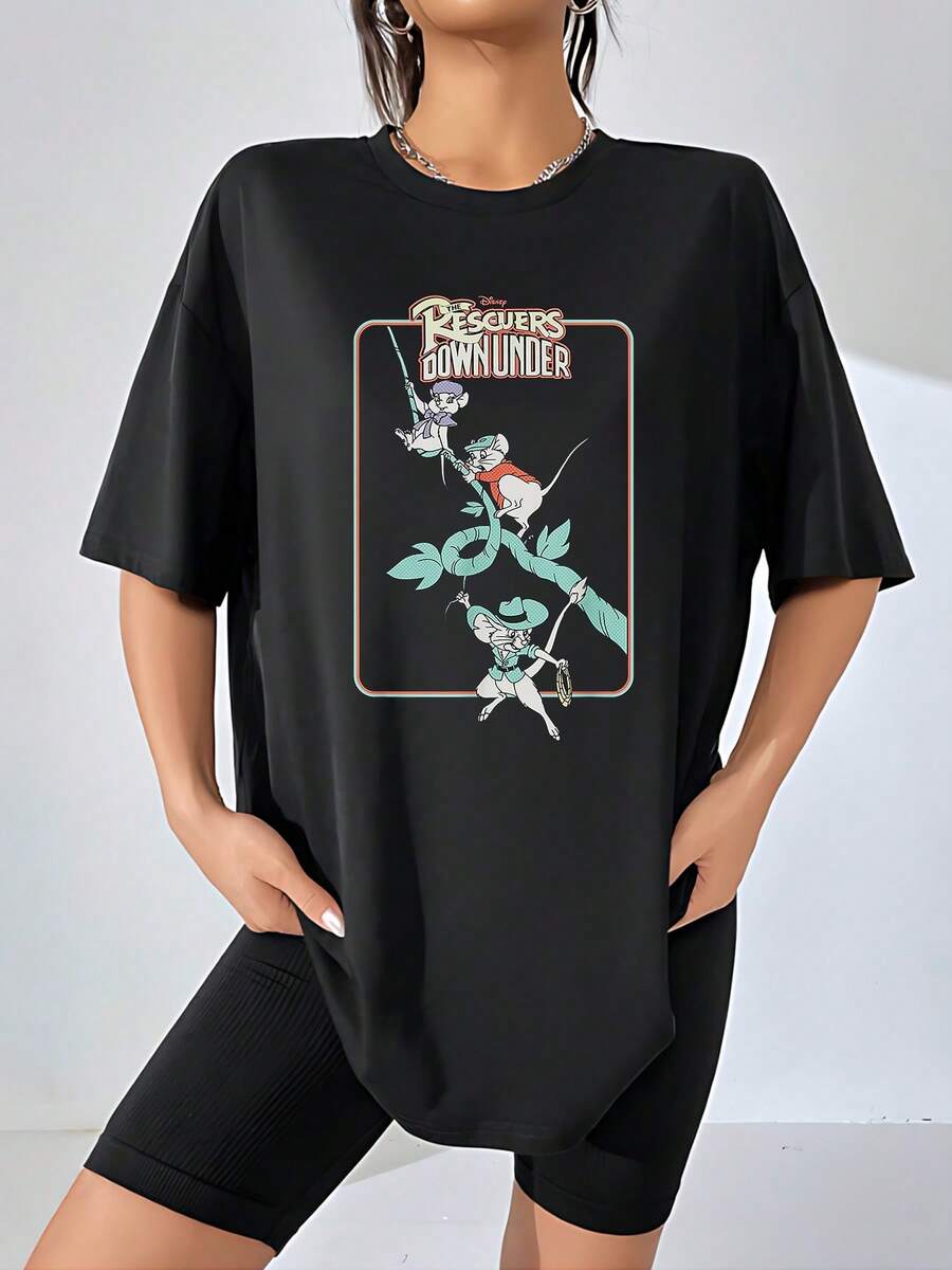 Animated Illustration Of Brave, Adventurous Mice Cooperating On A Mission With Green Leaves And Ropes, Conveying Courage And Friendship. Comfortable Casual Women's T-Shirt For Everyday Wear. - 黑色 - 查看 1