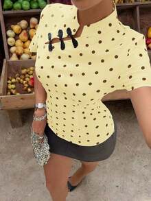 Blusa de cuello Mao de manga corta con cintura ceñida, estilo chino nuevo en color albaricoque, nuevo diseño de primavera/verano para mujer - Amarillo claro - Ver 5