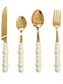 2/4/12/24pcs Set Exquisite Pearl-Shaped Stainless Steel Silverware Set, Includes Ceramic Handle Dinner Knife, Dessert Spoon, Fork And Soup Spoon - Unique Elegant Kitchen Tools And Accessories, Suitable For Restaurant And Home Daily Dining - Gold - View 18