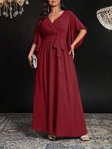 Vestido maxi elegante de fiesta con abertura, cuello en V ajustado, mangas acampanadas y cintura fruncida, talla grande para mujer - Burdeos - Ver 5