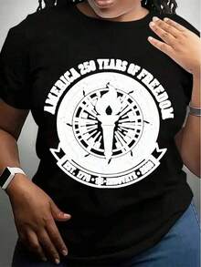 Camiseta de manga corta para mujer con cuello redondo, diseño de emblema "America 250 Años de Libertad, Est. 1776, Innovar 2026" para la celebración del Día de la Independencia, camiseta de verano. - Negro - Ver 1