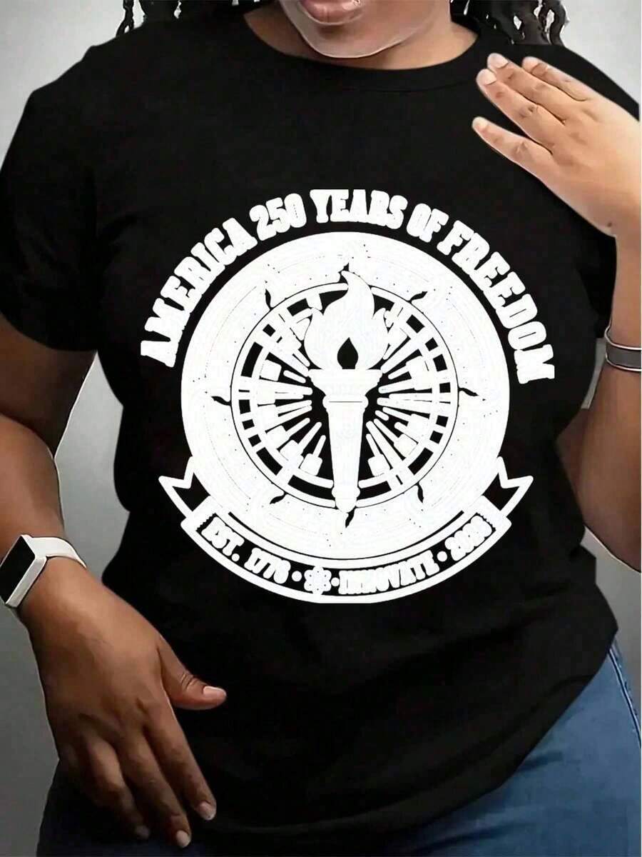 Camiseta de manga corta para mujer con cuello redondo, diseño de emblema "America 250 Años de Libertad, Est. 1776, Innovar 2026" para la celebración del Día de la Independencia, camiseta de verano. - Negro - Ver 1