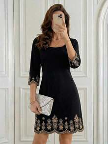 Medorina Vestido elegante de mujer con cuello cuadrado y ajuste delgado, bordado. Atuendo de vacaciones para mujeres en primavera y verano - Azul marino - Ver 11