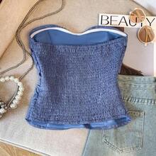 Denim Effect Ruched Decor Button Embellished Elegant Camisole Top For Women - Café integral - Ver 3