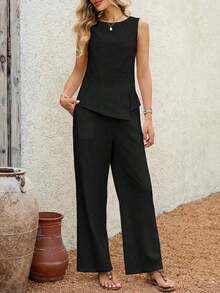 2 piezas Conjunto casual de uso diario con top y pantalones con diseño de abertura de jacquard para mujer - Negro - Ver 9