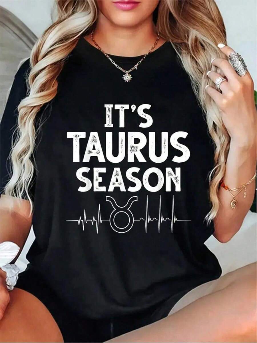 Women's Soft Fabric T-Shirt, Taurus Design - Birthday Outfit For April 20th, Taurus Motif, Loose-Fitting Short-Sleeved T-Shirt, A Must-Have Casual T-Shirt For Spring And Summer, Suitable As A Gift For Taurus Women, Birthday Outfit, And Clothing For Astrology Enthusiasts. Fashionable T-Shirt. - 黑色 - 查看 1