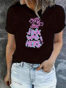 Soft Fabric T-Shirt With Creative Cartoon Letter Print, Women's Short Sleeve Shirt, Fashionable And , Casual And Simple Sports T-Shirt, Comfortable Summer Vacation Top, Fashionable T-Shirt. - 黑色 - 查看 7