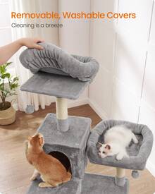 FEANDREA Árbol Rascador de Varios Niveles, Árbol para Gatos Alto con Postes de Sisal, Cueva Grande y Hamaca, Beige - Gris - Ver 5