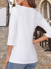 Camiseta Holgada Sencilla para Mujer, Estilo Moderno, Camiseta para el 250º Aniversario para Mujer, Manga Tres Cuartos, Cuello Redondo, Estampado Patriótico "250º Aniversario de la Independencia Americana 1776-2026", Tela Suave y Transpirable, Corte Holgado Casual, que muestra el Orgullo Americano, Ideal para el 4 de Julio y Celebraciones. 100Cotton Camiseta Mujer Estampado Gráfico  Verano 2026 - Blanco - Ver 3