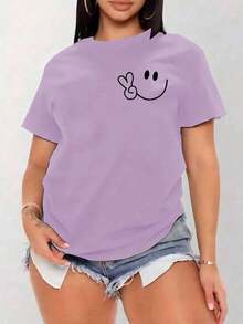 Women's Oversized Red Summer T-Shirt With  Face And Peace Sign Print. Casual Red Short-Sleeved T-Shirt With  Face, Ideal For Cool Summer Looks. - YH463-紫色 - 查看 1