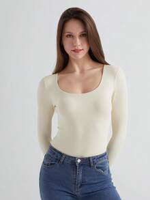 Women's Ribbed U-Neck Long Sleeve Bodysuit - Sculpting Stretch One-Piece Top For Casual, Lounge & Streetwear - trắng - Xem 6