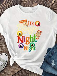 Women's Casual Short-Sleeved T-Shirt With A Round Neck And A Night Billiards Design. Regular Length, Ideal For Spring And Summer. Women's Clothing, Casual Short-Sleeved T-Shirt. Gift Idea. - 白色 - 查看 7