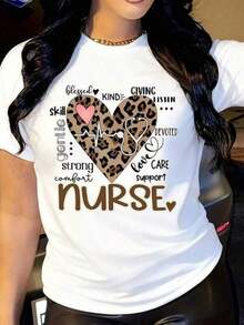 Camiseta negra de manga corta con cuello redondo y estampado de corazón de leopardo rosa y enfermera para mujer, suave, transpirable y cómoda, ideal como regalo médico para trabajadores de la salud, divertida para enfermeras, perfecta para el trabajo diario y ocasiones de ocio casual, top básico para damas. - Blanco - Ver 2